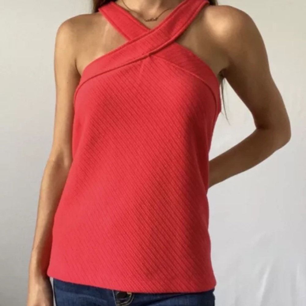 ANTHROPOLOGIE Red Cross X Neck Tank Top Blouse Shirt Textured Knit Halter